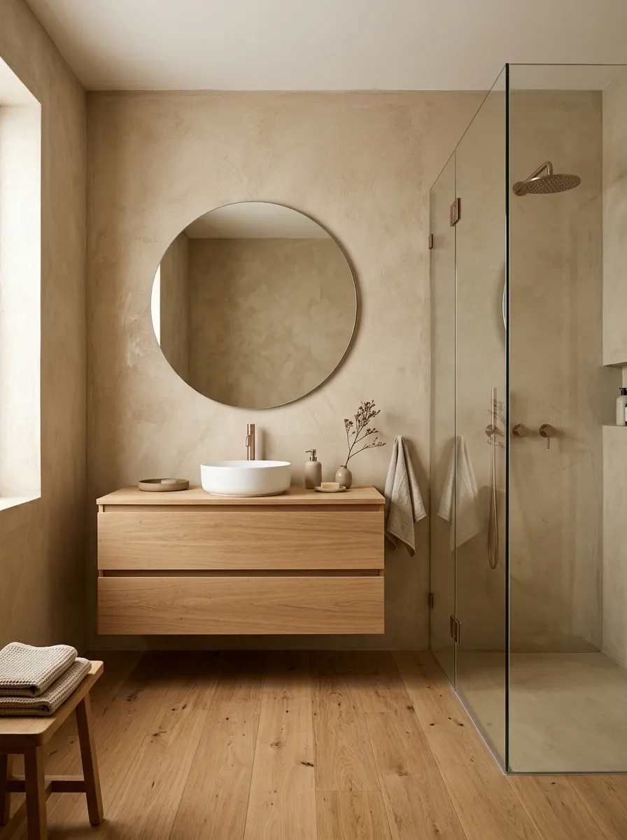 Japandi Bathroom With Oak, Microcement, and Minimal Rose Gold