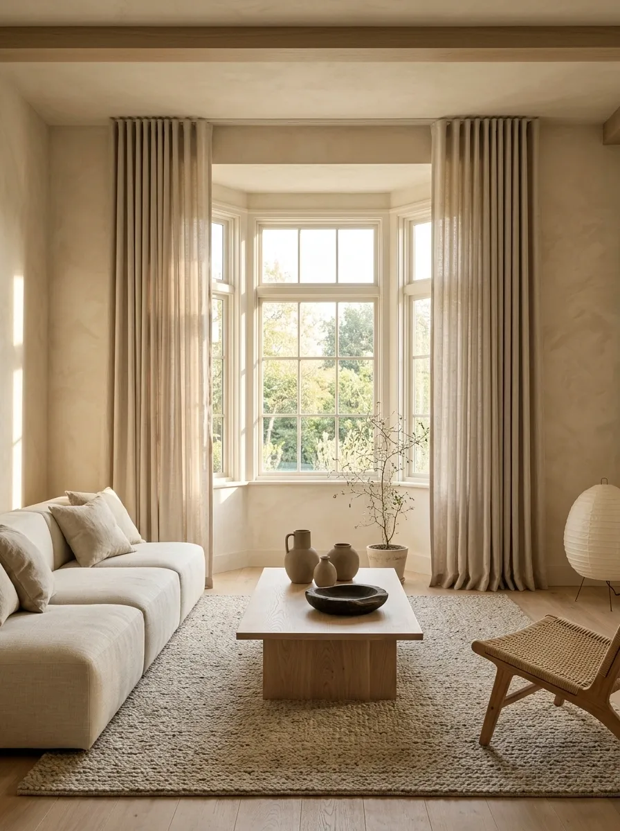Japandi Bay With Oatmeal Ripple-Fold Curtains