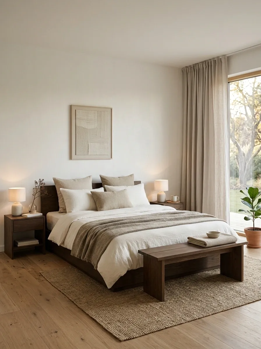 Japandi Bedroom With Dark Wood, Cream Bedding, and Soft Shadows