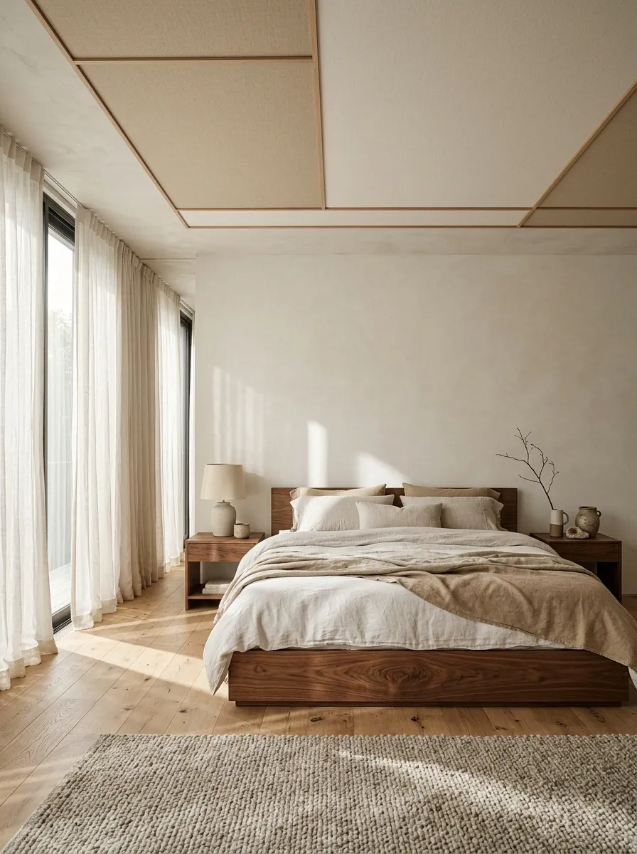 Japandi Bedroom With Natural Fabric Panels