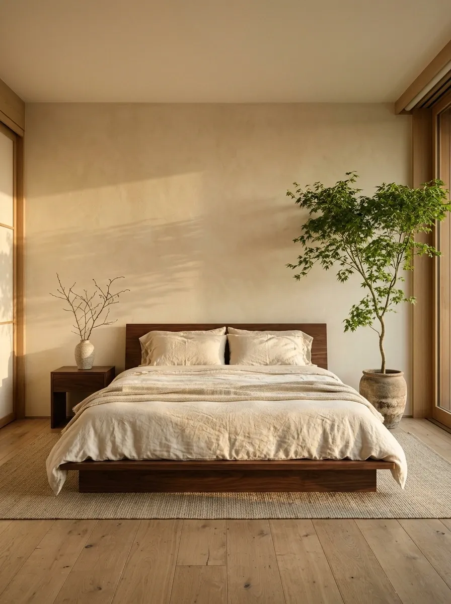 Japandi Bedroom With Sculptural Greenery and Low Walnut Furniture