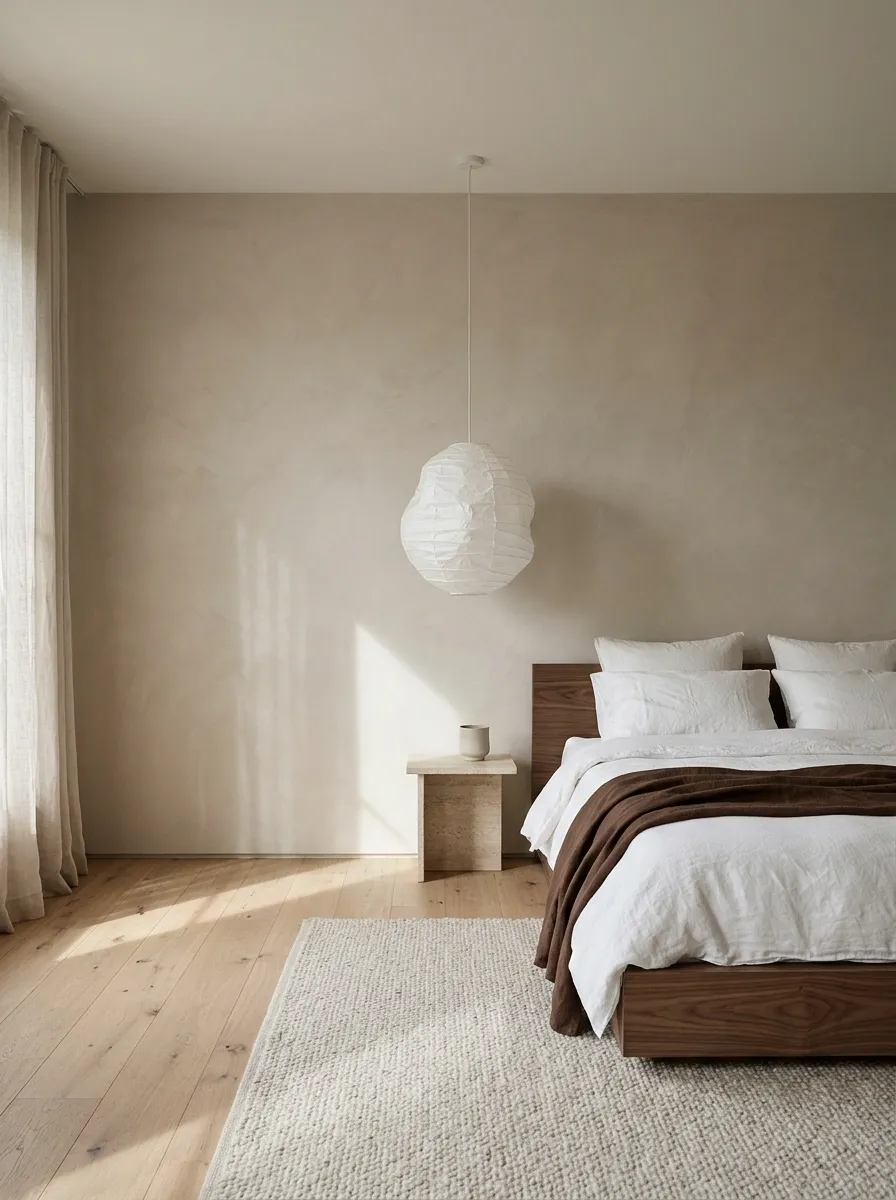 Japandi Bedroom With Smoked Walnut and Chocolate Linen