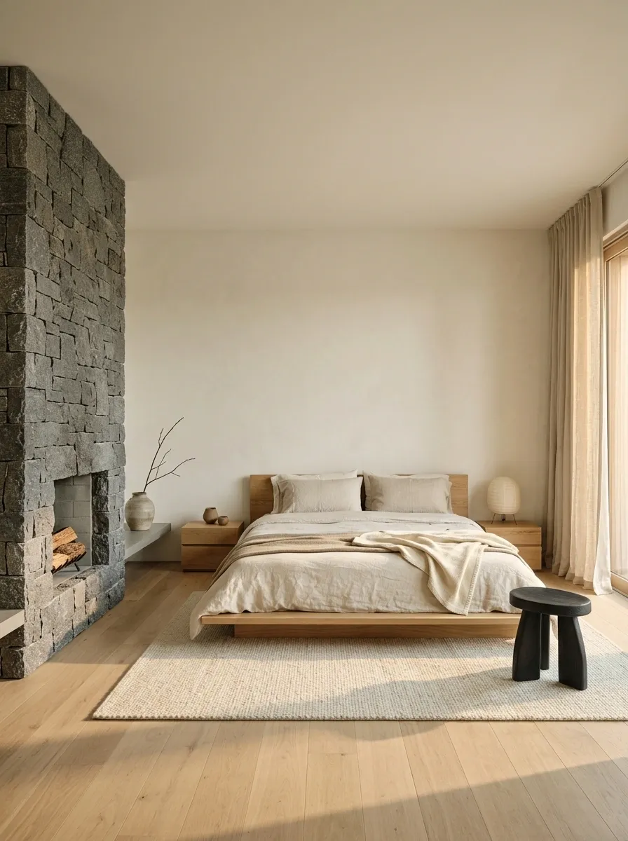 Japandi Bedroom With Stone Fireplace and Low Furniture