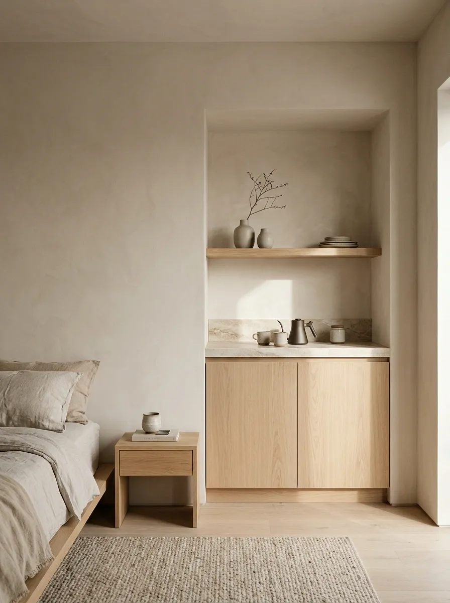 Japandi Coffee Niche With Pale Wood and Stone