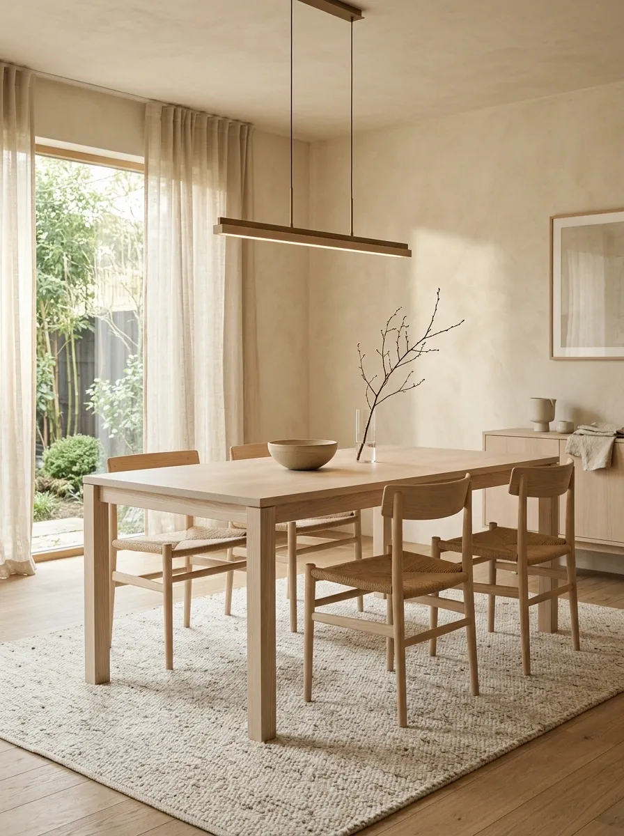 Japandi Dining Room With a Natural Wool Rug