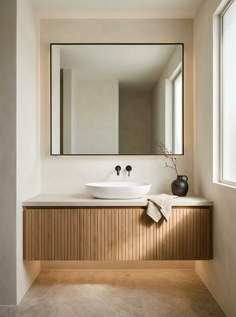 Japandi-Inspired Farmhouse Bathroom With Oak Slats and Minimal Stone