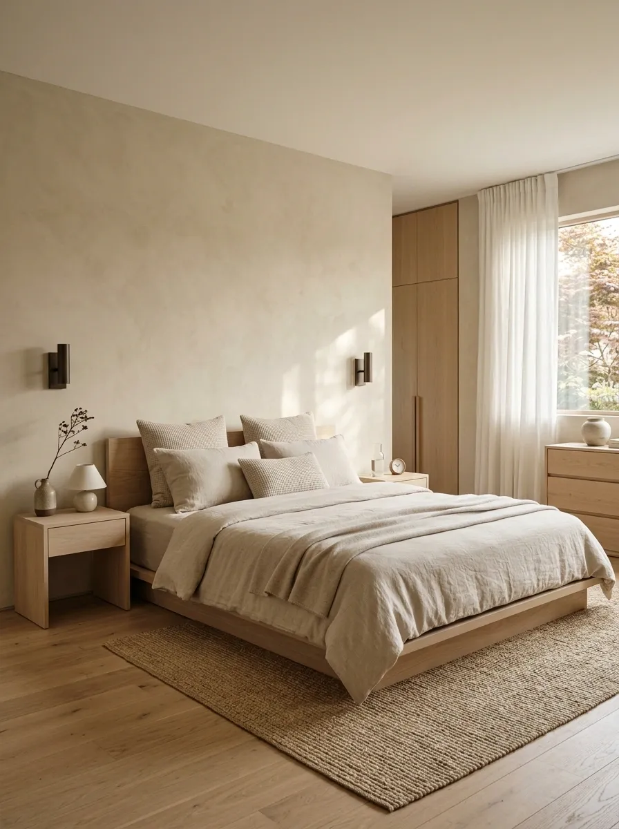Japandi-Inspired Minimalist Bedroom With Warm Timber