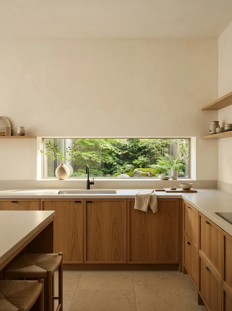 Japandi Kitchen With a Low Horizontal Courtyard Window