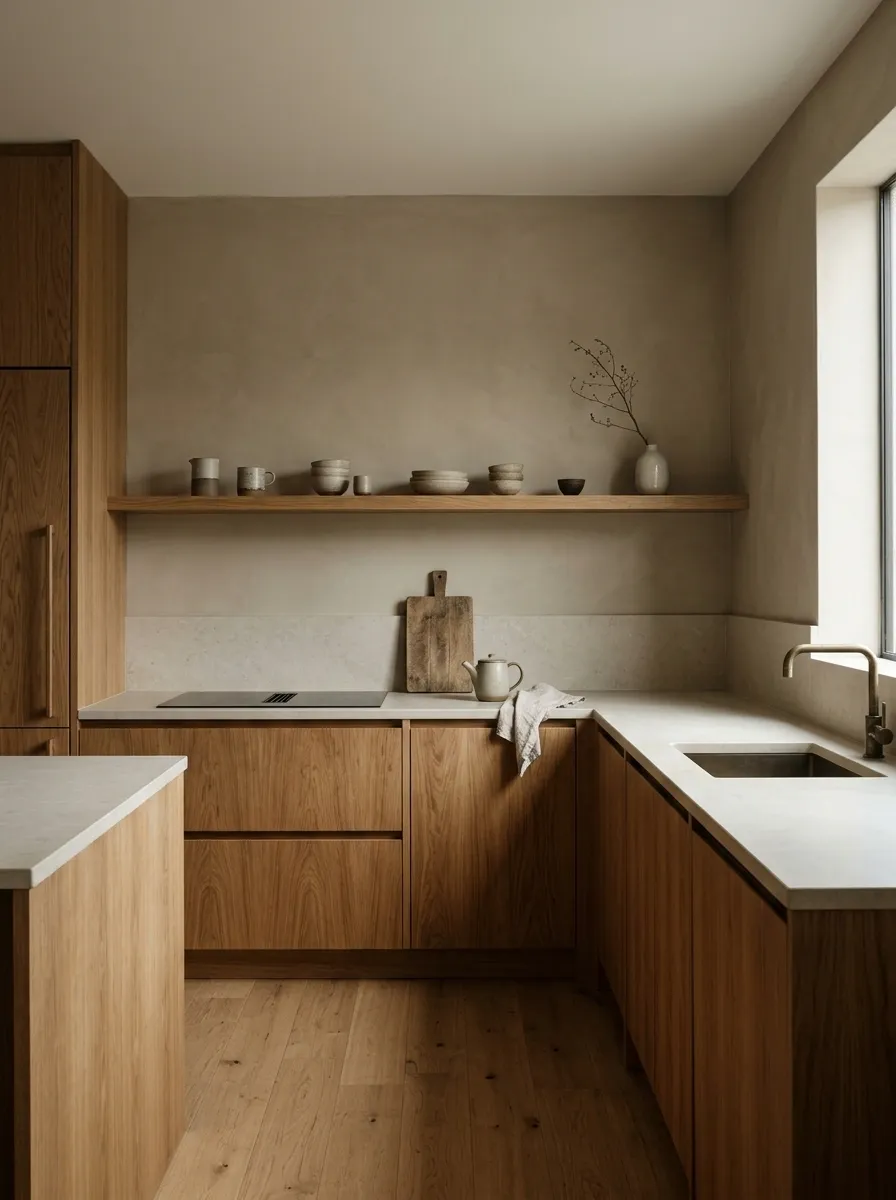 Japandi Kitchen With Flat-Panel Oak and Muted Clay
