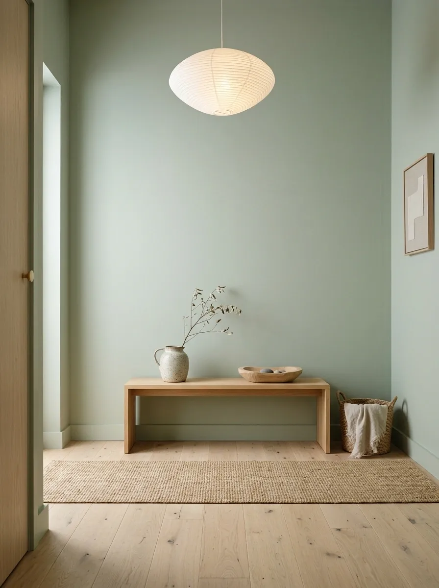 Japandi Sage Entry With Low Oak Console and Paper Lighting