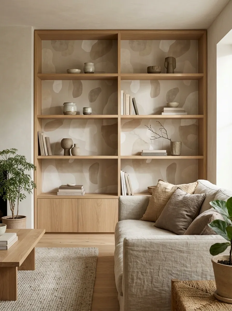 Japandi Shelving Wall With Muddy Beige Organic Pattern
