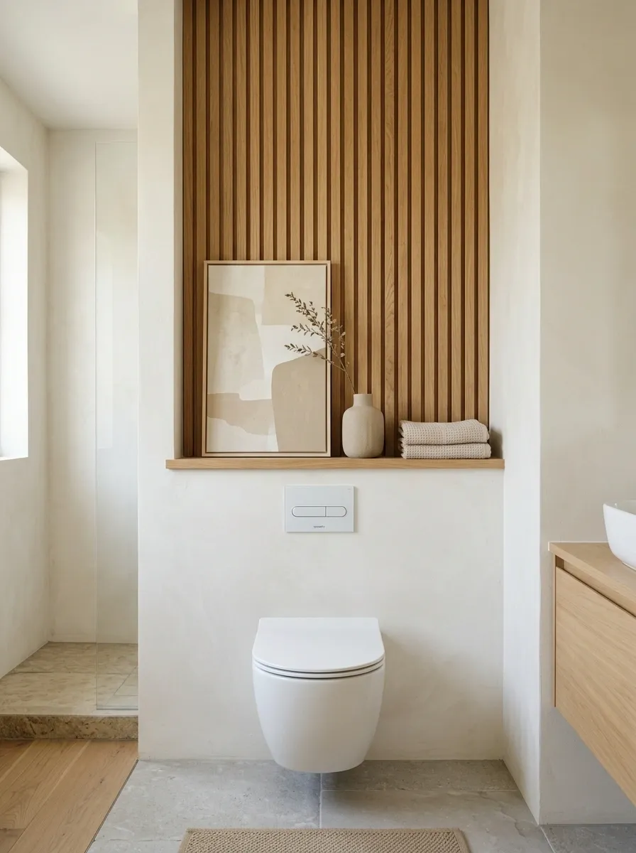 Japandi Slatted Wood With A Low Profile Ledge