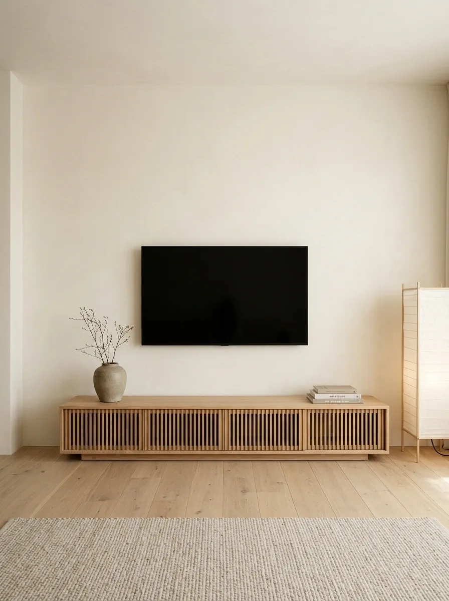 Japandi TV Wall With Low Timber Storage