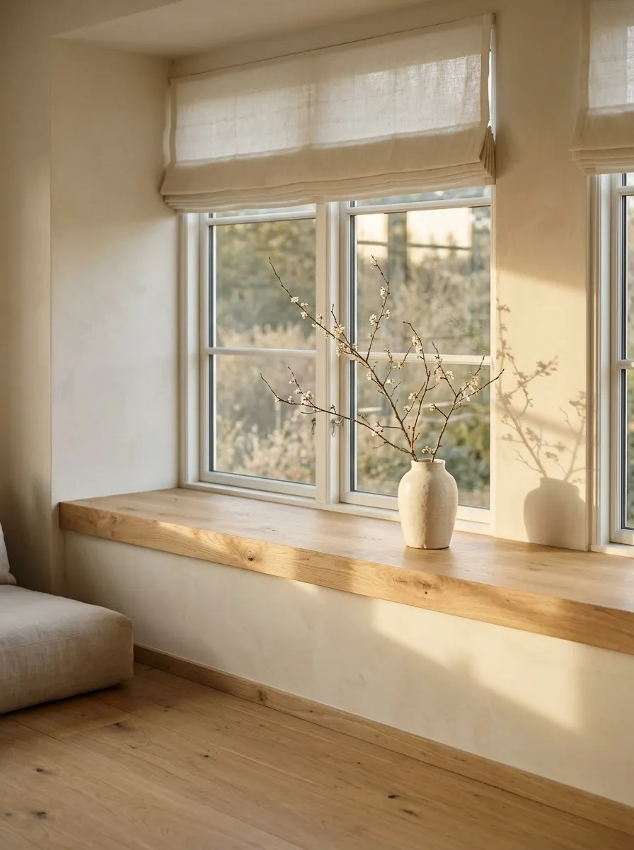 Japandi Window With Low Oak, Handmade Ceramics, and a Single Branch