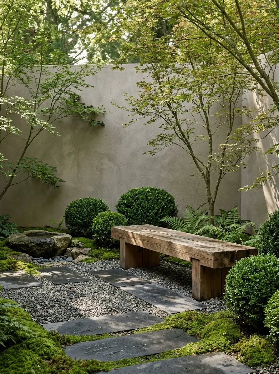 Japanese-Inspired Garden With a Simple Timber Bench