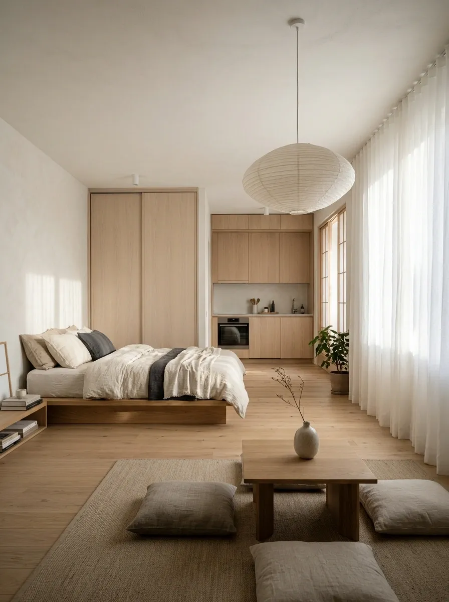 Japanese-Inspired Studio With Low Furniture and Sliding Storage