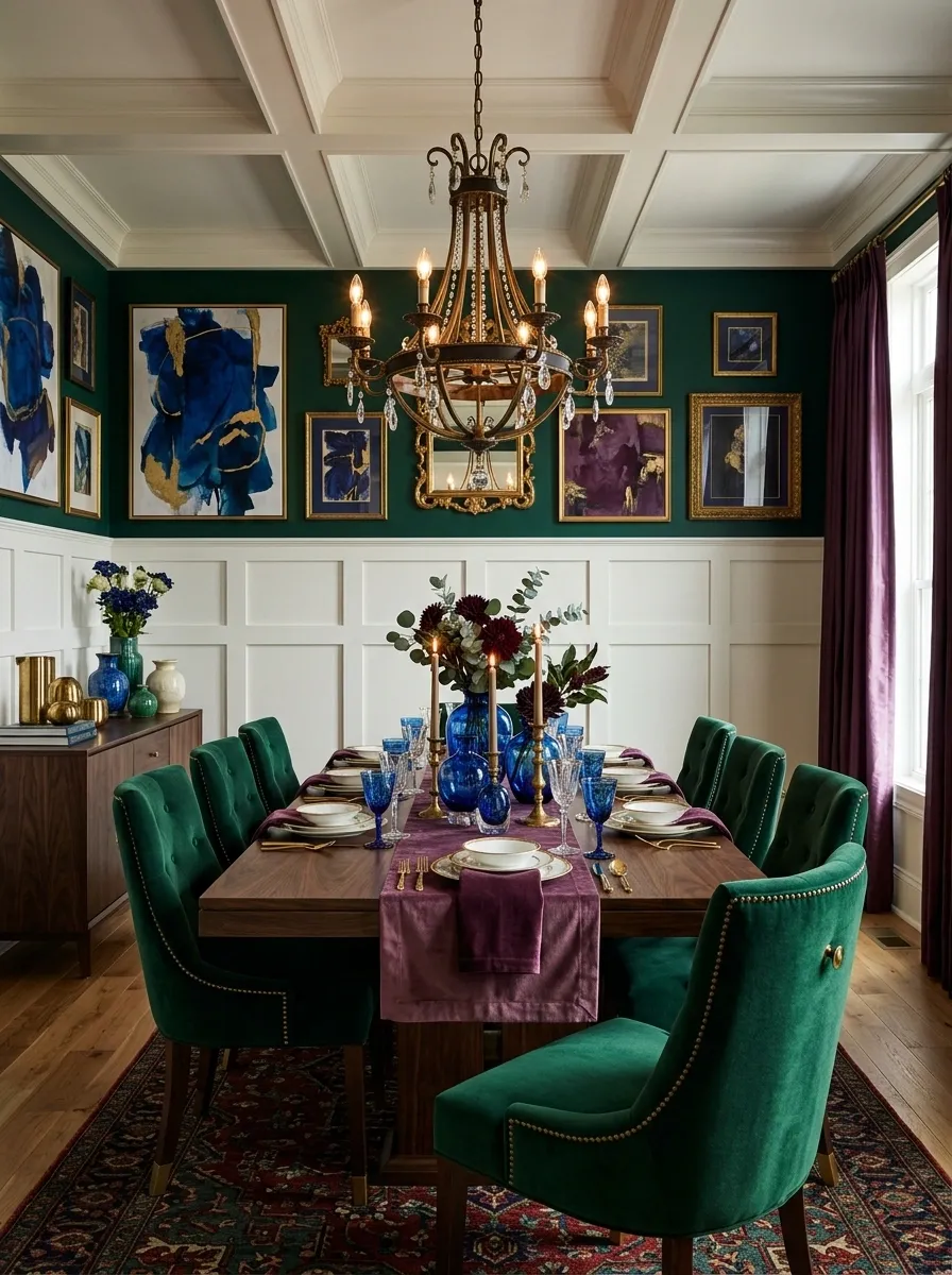 Jewel-Tone Dining Room With Emerald, Sapphire, and Plum
