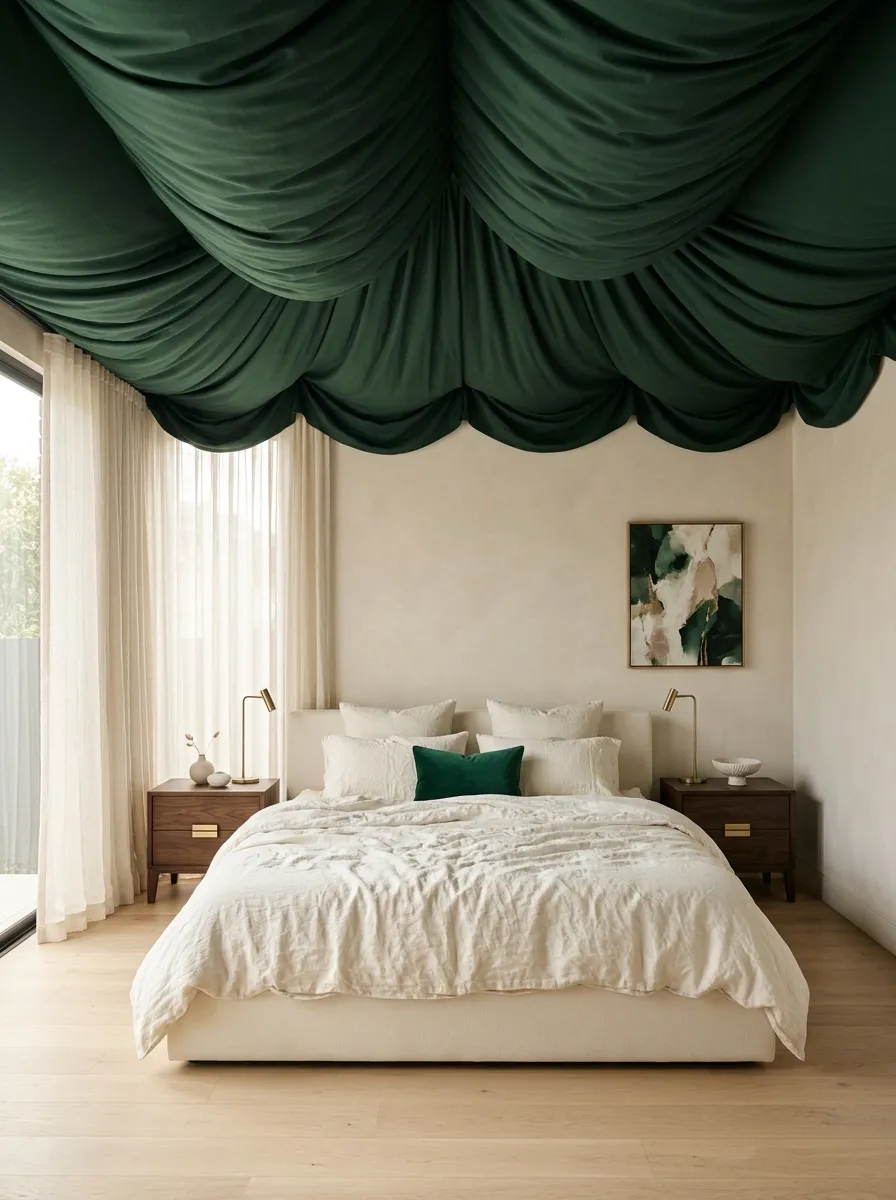 Jewel-Toned Bedroom With Emerald Ceiling Drapes