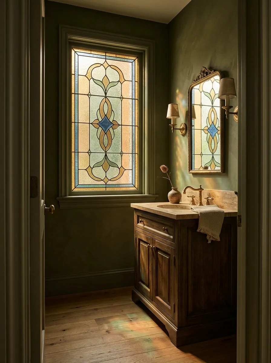 Jewel-Toned Powder Room With Stained Glass