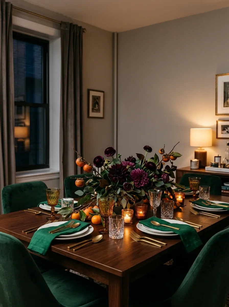 Jewel-Toned Thanksgiving Setup in a Small Apartment