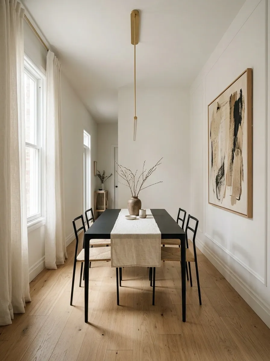 Keep a Narrow Dining Room Visually Uncluttered