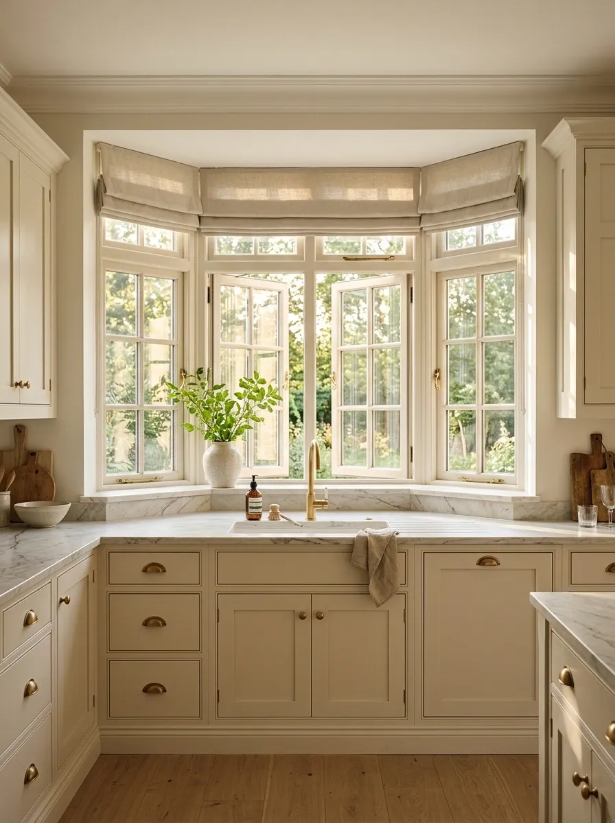 Kitchen Bay Window With a Sink, Classic Cabinets, and Natural Stone