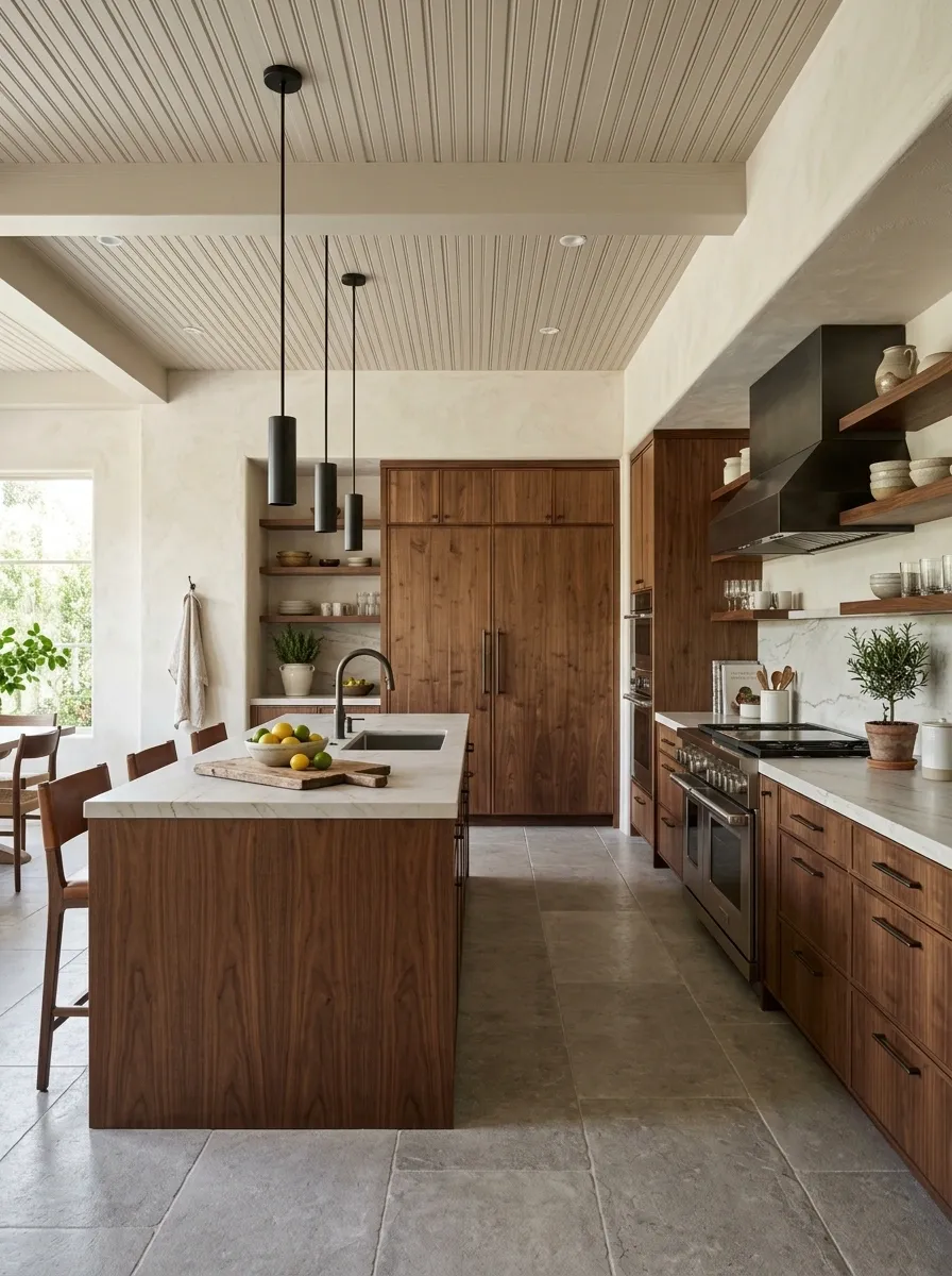 Kitchen With Beadboard Ceiling, Stone Walls, and Walnut Cabinetry