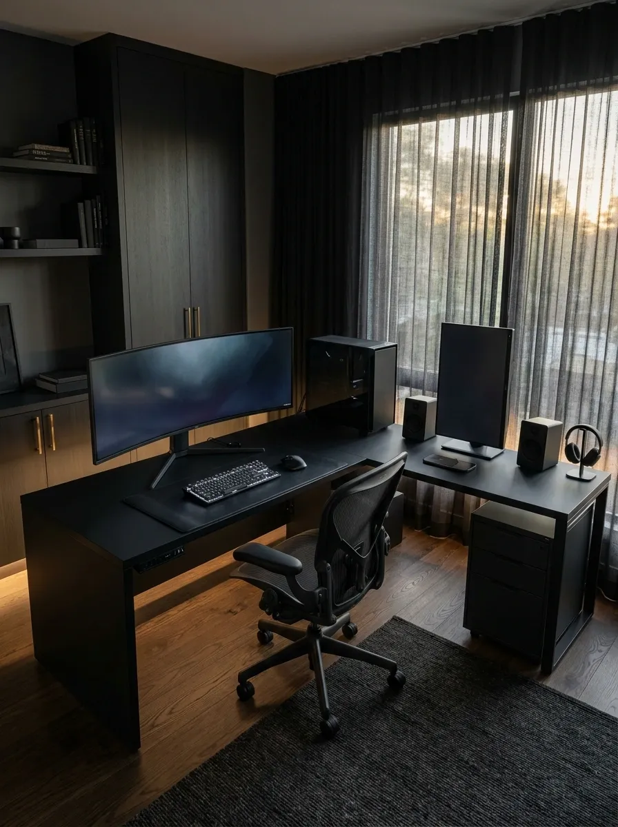L-Shaped Black Battlestation With Separate Work Zones