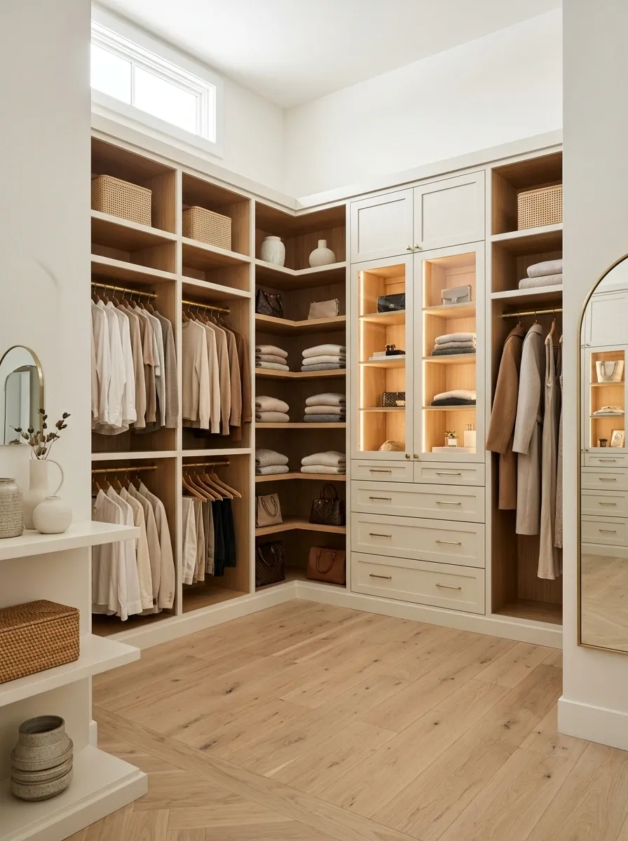 L-Shaped Corner Closet With Continuous Storage