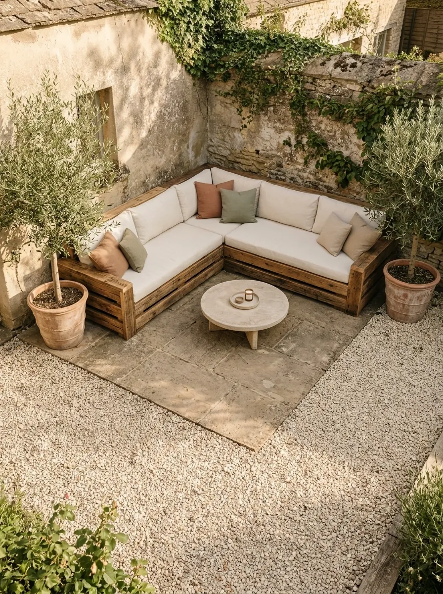 L-Shaped Pallet Patio Lounge With Cream Cushions and Olive Trees