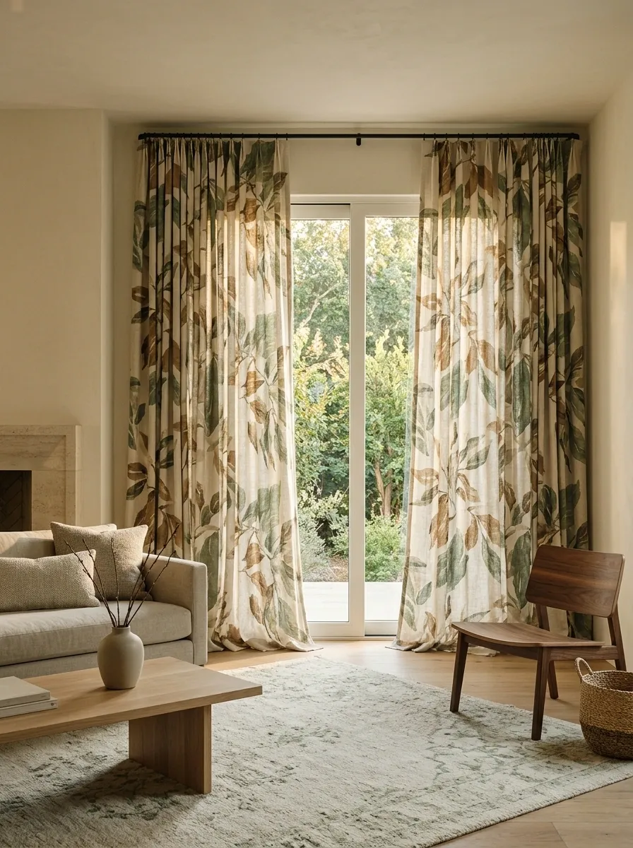 Large Botanical Print Curtains in a Natural Living Room