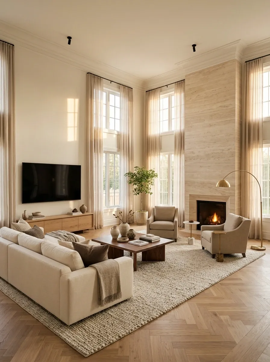 Large Living Room With a Fireplace Conversation Nook and Main TV Zone