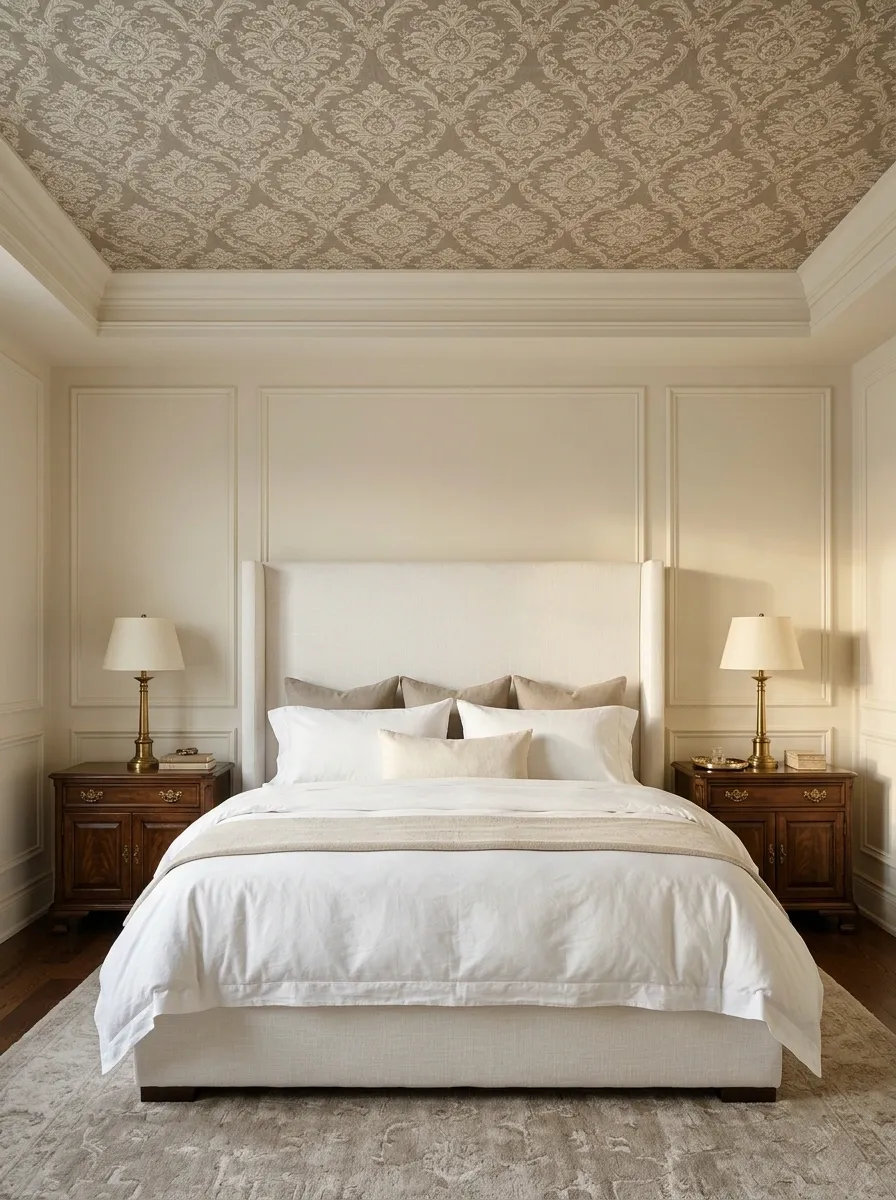 Large-Scale Damask Ceiling in a Formal Guest Bedroom
