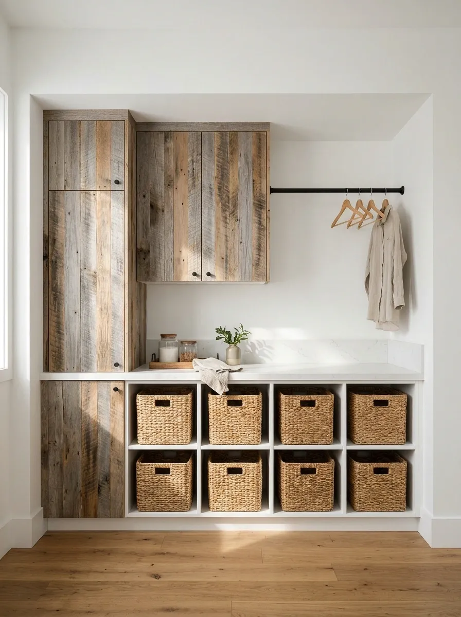 Laundry Alcove With a Pallet-Board Sorting Cabinet