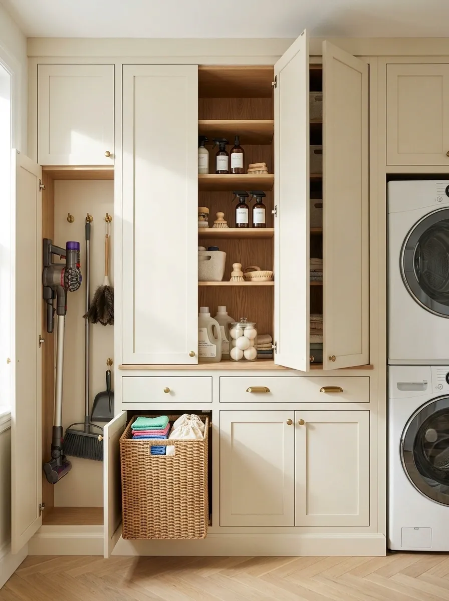 Laundry and Cleaning Closet in One Organized Wall