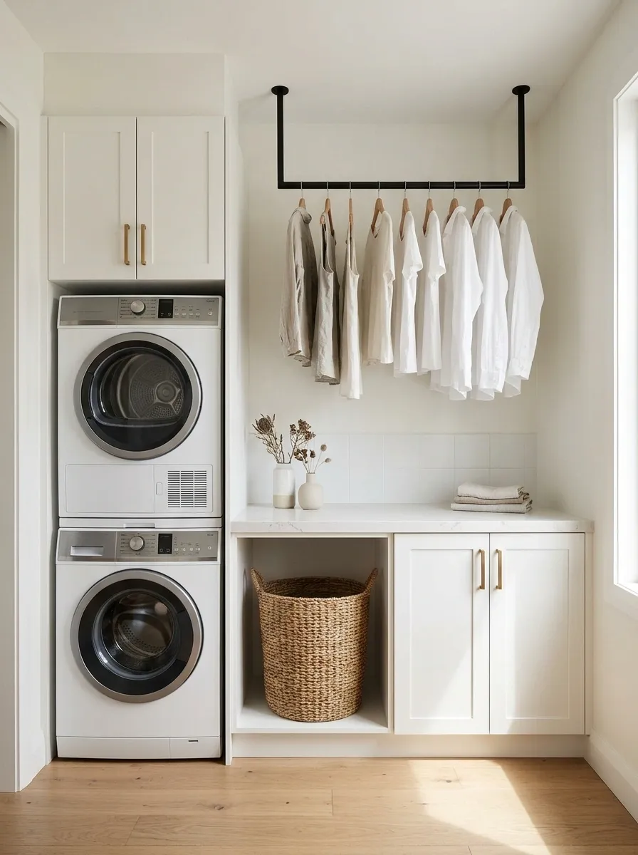 Laundry Room With a Ceiling-Mounted Drying Rail