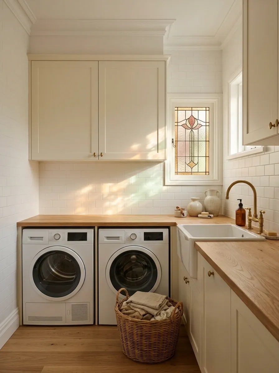 Laundry Room With a Cheerful Small Stained Glass Window
