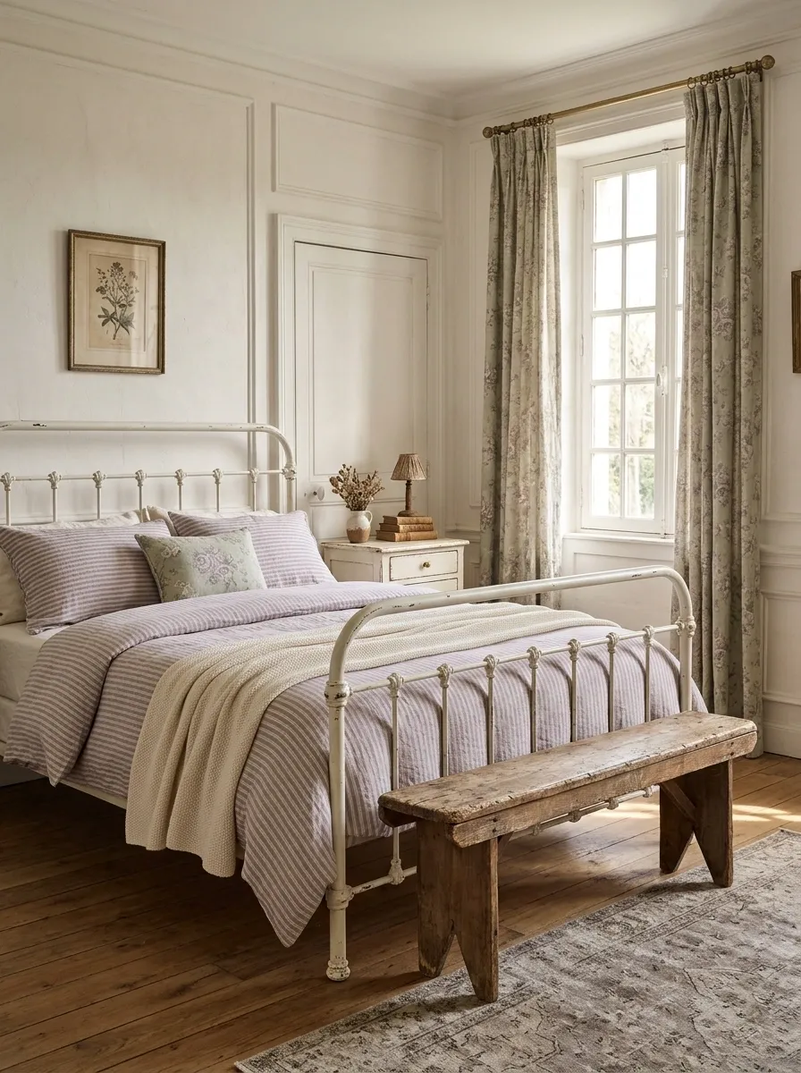 Lavender and Ivory Stripes in a French Country Bedroom