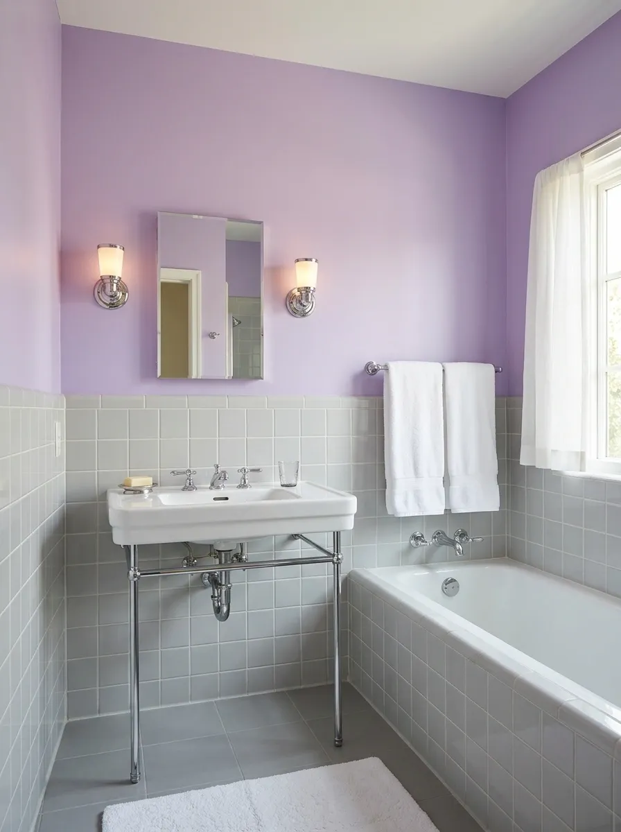 Lavender Bathroom With Pale Gray Tile and a White Console Basin