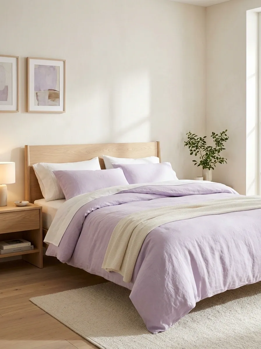 Lavender Bedding With Crisp White and Pale Oak