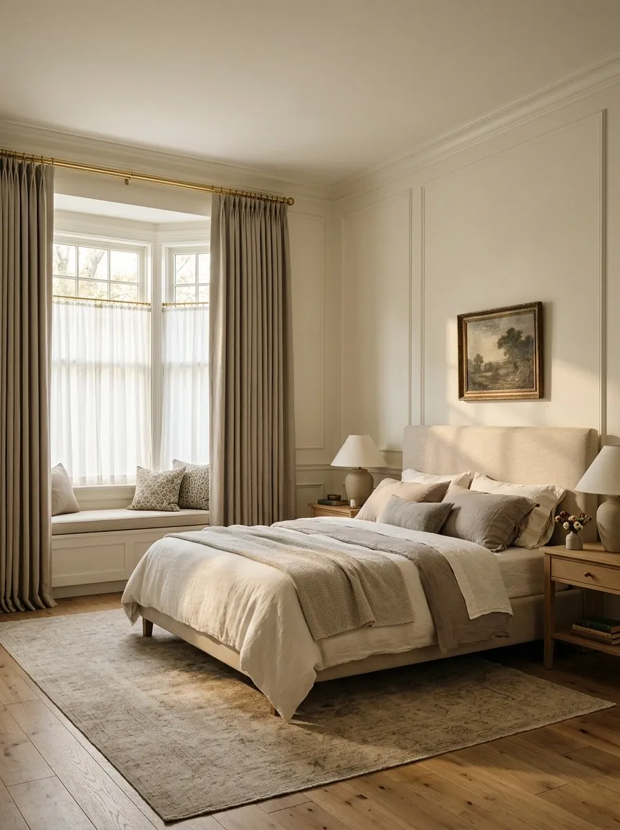 Layered Bedroom Bay With Sheers and Blackout Drapery