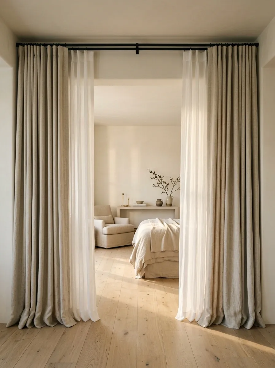 Layered Double Curtain With Sheer Inner Panel and Linen Outer Panel