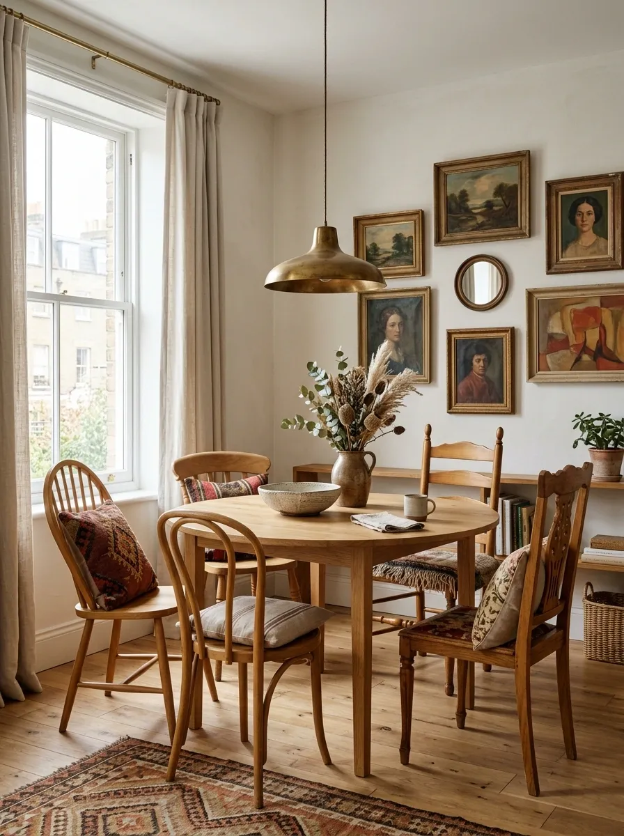 Layered Eclectic Nook With Mixed Woods and Collected Art