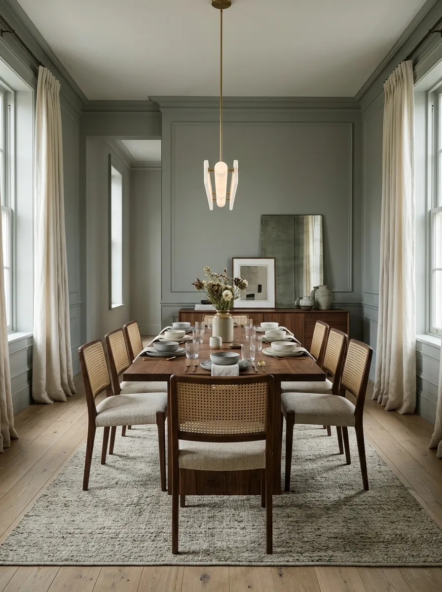 Layered Moody Dining Room With Soft Gray, Walnut, and Woven Texture