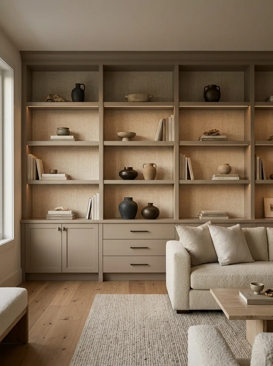 Layered Neutral Living Room With Linen-Texture Wallpaper and Built-In Display Shelves