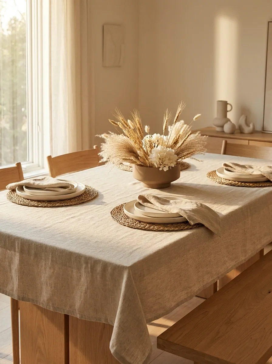 Layered Neutral Thanksgiving Table With Textured Linen