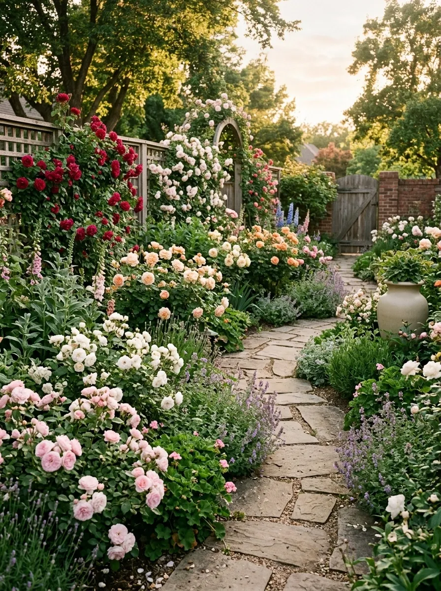 Layered Rose Garden Around a Gentle Garden Path