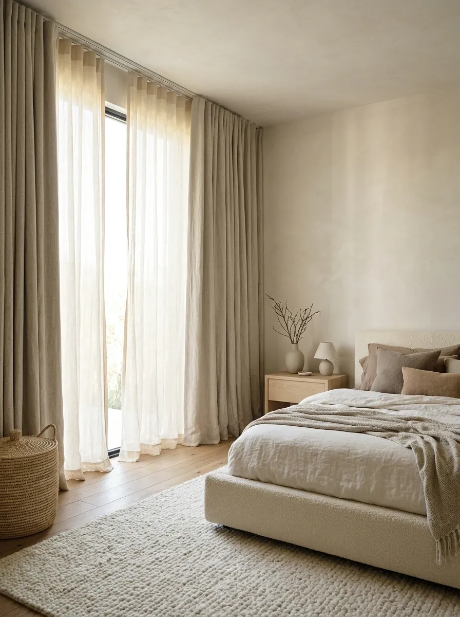 Layered Sheer and Blackout Curtains in a Quiet Neutral Bedroom