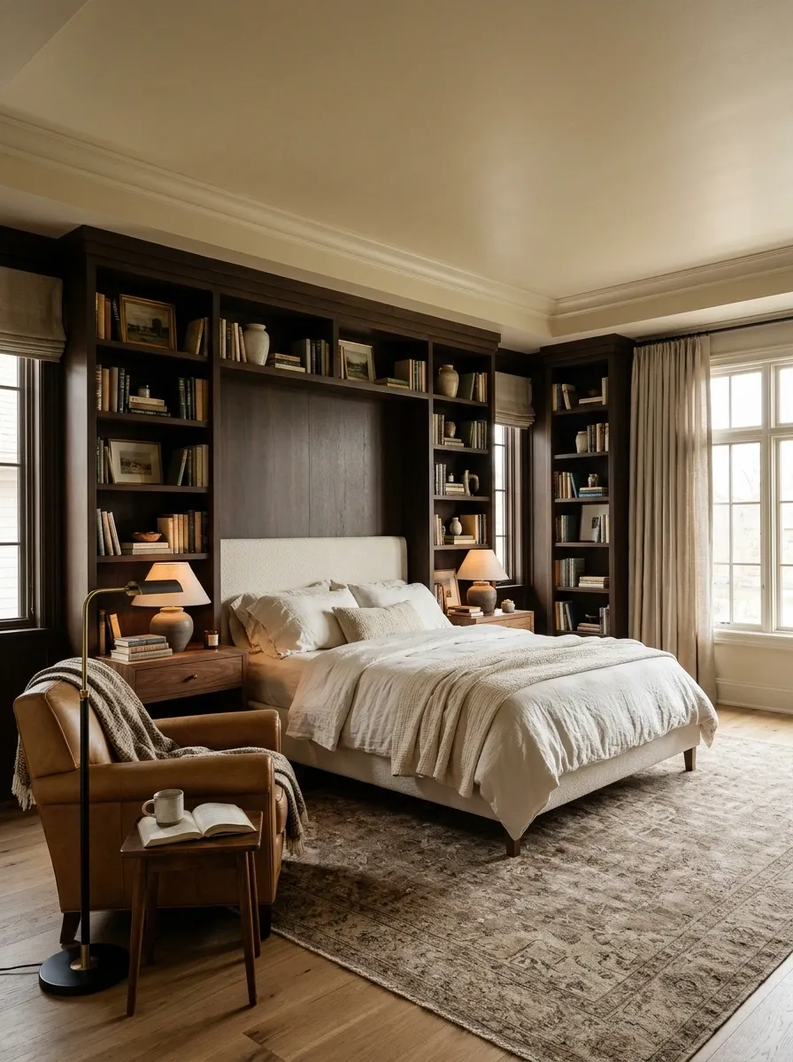 Library-Inspired Bedroom With Chocolate Bookcases and a Reading Corner