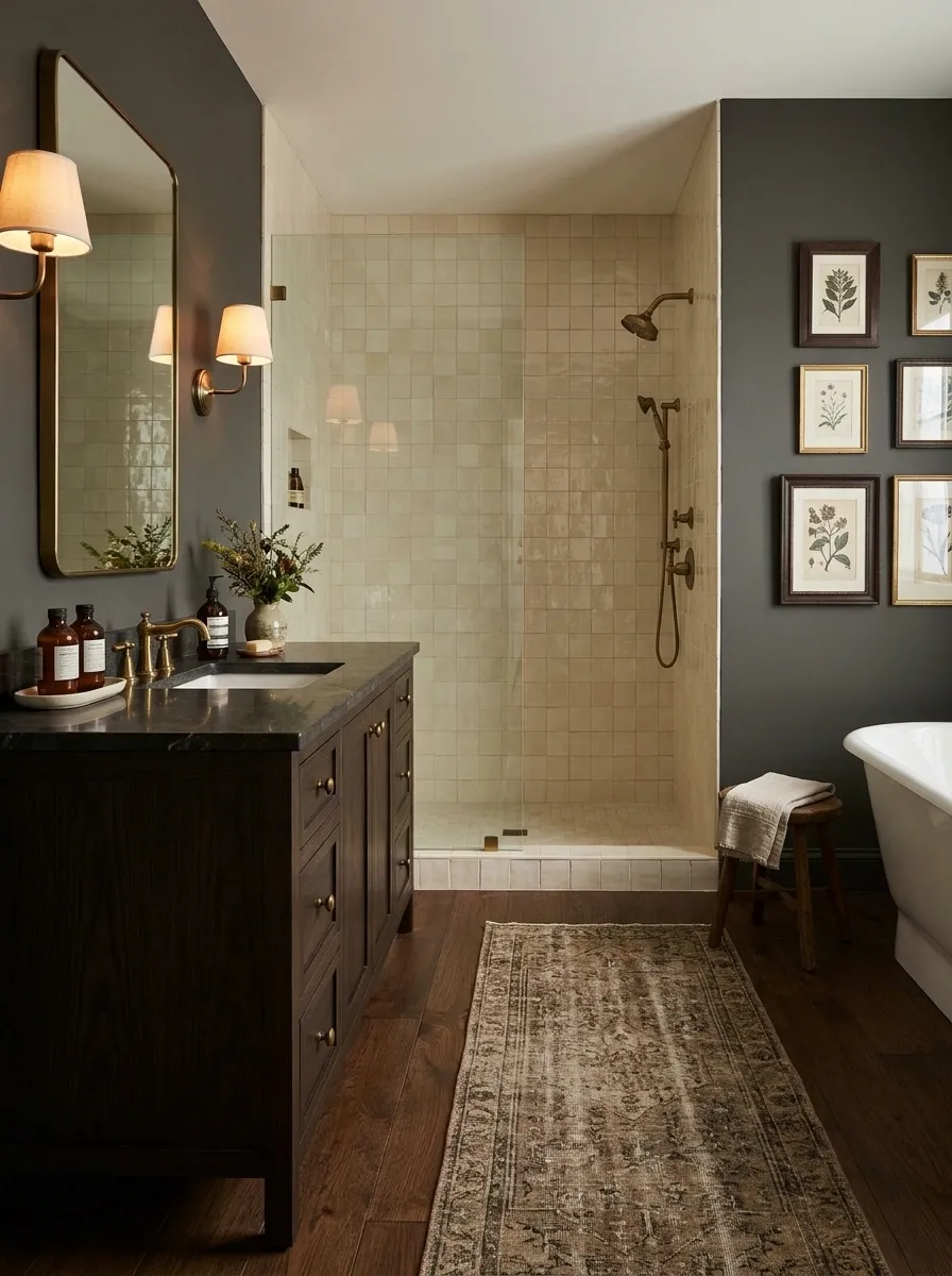 Library-Toned Bathroom With a Dark Vanity and Picture-Framed Walls